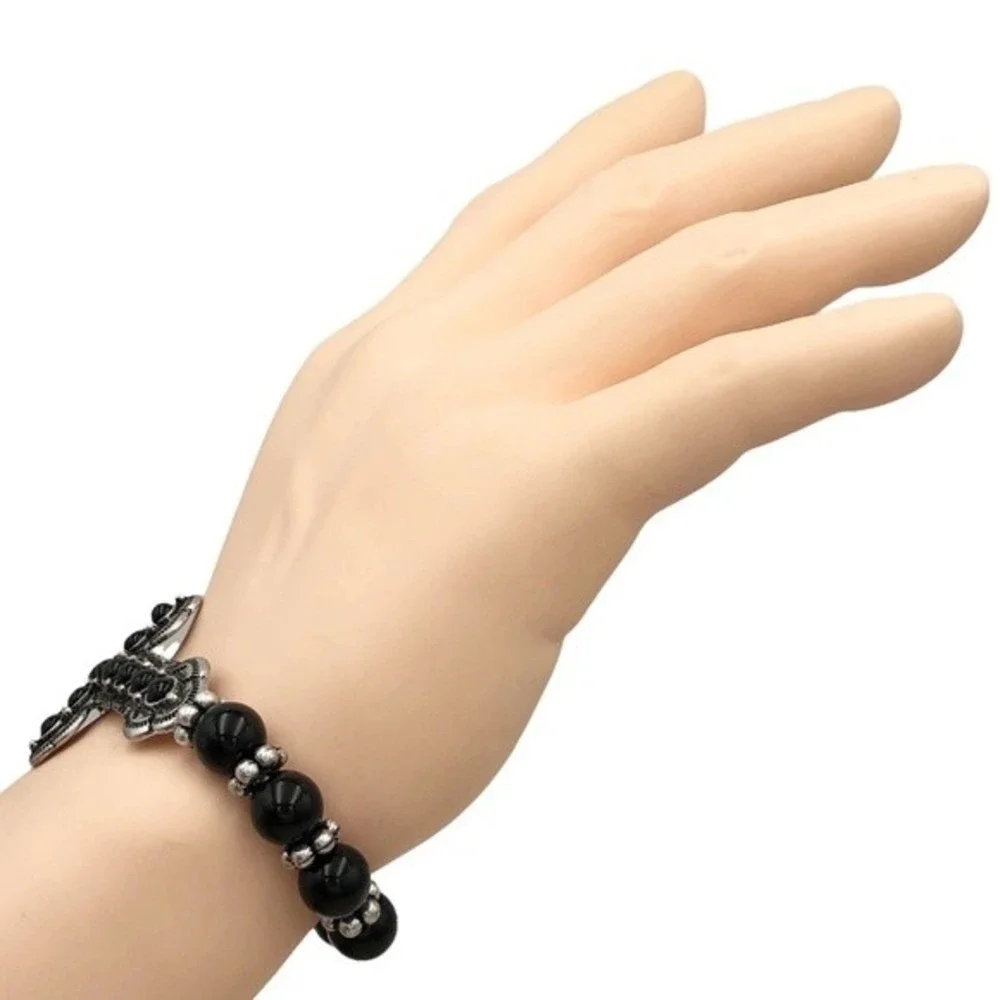 🌼 Black Sideways Cross Beaded Stretch Bracelet